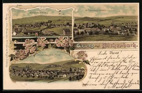 Lithographie Hilchenbach, Ansichten von Osten und Süden sowie Centrum