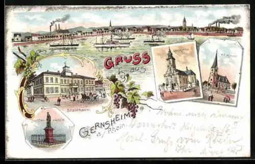 Lithographie Gernsheim, Schöffer-Denkmal, Stadthaus, Kath. Kirche, Dampfer, Segelboot