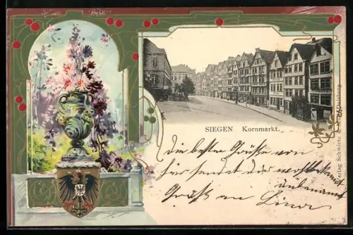 Passepartout-Lithographie Siegen, Kornmarkt mit Geschäften, Blumenvase und Wappen