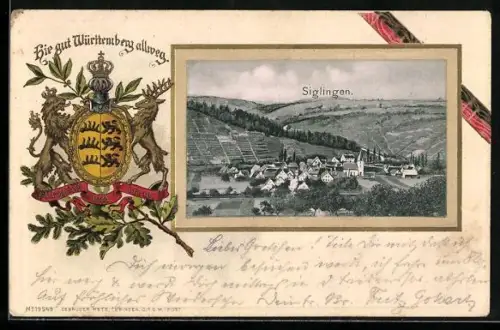 Passepartout-Lithographie Siglingen, Ortsansicht aus der Vogelschau, Wappen mit Eichenzweig