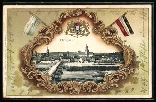 Passepartout-Lithographie Kitzingen a. M., Ortsansicht mit Brücke, Wappen und Fahnen