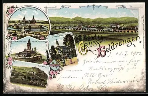 Lithographie Heldrungen, Totalansicht, Sachsenburg, St. Golgata-Kapelle