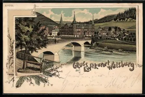 Lithographie Walsburg i. Thür., Ortsansicht mit Flusspartie