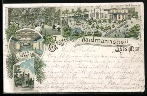 Lithographie Gössnitz / S.-A., Gasthaus Waidmannsheil, Bes. Emil Seifarth