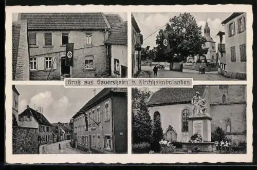 AK Gauersheim, Metzgerei, Denkmal und Strassenpartie, 