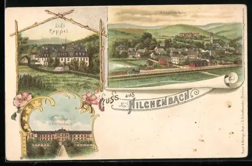Lithographie Hilchenbach, Stift Keppel, Seminar, Blick auf den Ort