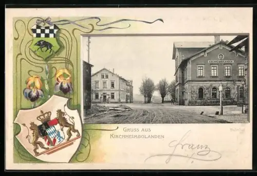 Passepartout-Lithographie Kirchheimbolanden, Bahnhofhotel mit Strassenpartie, Wappen
