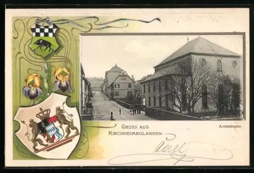 Passepartout-Lithographie Kirchheimbolanden, Blick in die Amtsstrasse, Wappen