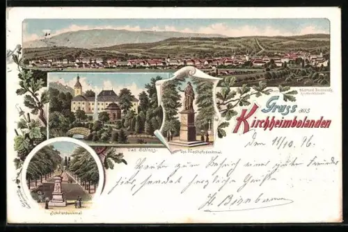 Lithographie Kirchheimbolanden, Schillerdenkmal, Schloss, Friedhofsdenkmal