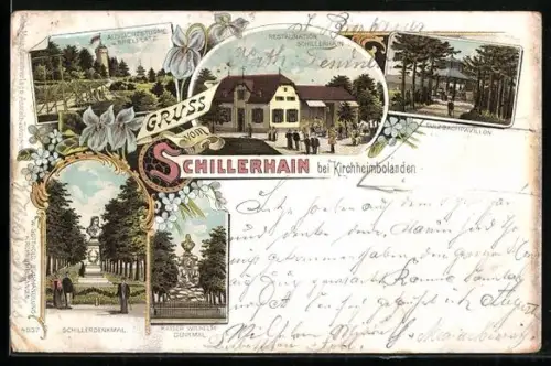 Lithographie Kirchheimbolanden, Restaurant Schillerhain, Kaiser Wilhelm-Denkmal