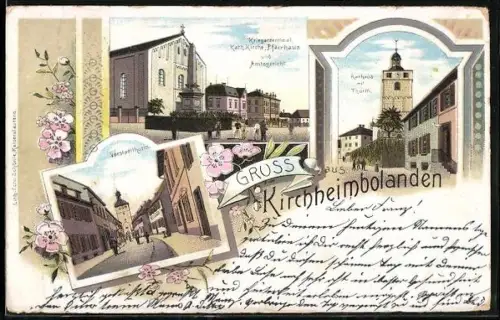 Lithographie Kirchheimbolanden, Rathaus mit Thurm, Kriegerdenkmal, Kath. Kirche, Pfarrhaus und Amtsgericht, Vorstadtturm