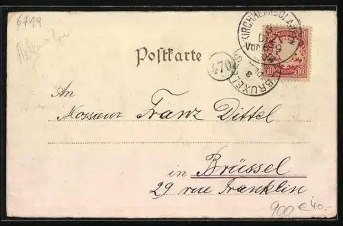 Lithographie Kirchheimbolanden, Rathaus mit Thurm, Kriegerdenkmal, Kath. Kirche, Pfarrhaus und Amtsgericht, Vorstadtturm