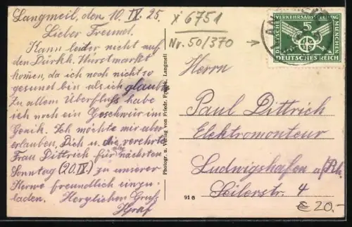 AK Langmeil, Handlung v. Fr. Berger Wwe., Totalansicht des Ortes