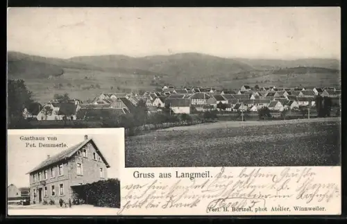 AK Langmeil, Gasthaus von Pet. Demmerle, Blick auf den Ort
