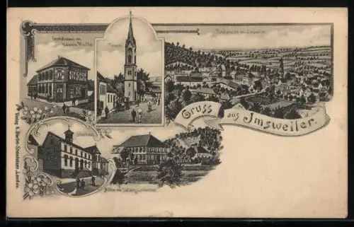 Künstler-AK Imsweiler, Geschäftshaus von Valentin Pfeiffer, Mühle von Ludwig Limbacher, Schulhaus