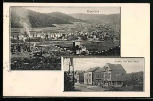 AK Eiserfeld, Gasthaus von Emil Bauer, Gesamtansicht mit Fabrik