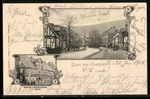 AK Eiserfeld, Gasthaus z. Deutschen Kaiser v. J. Speck, Partie im Ort
