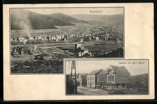 AK Eiserfeld, Gasthaus von Emil Bauer, Gesamtansicht mit Fabrik