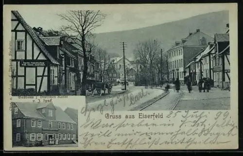 AK Eiserfeld, Gasthaus z. Deutschen Kaiser v. J. Speck, Strassenpartie mit Tapeten- u. Farbenhandlung Wilh. Simon