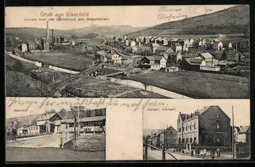 AK Eiserfeld, Bahnhof, Kaiserl. Postamt, Ansicht über den Bahnkörper und Grabettstrasse
