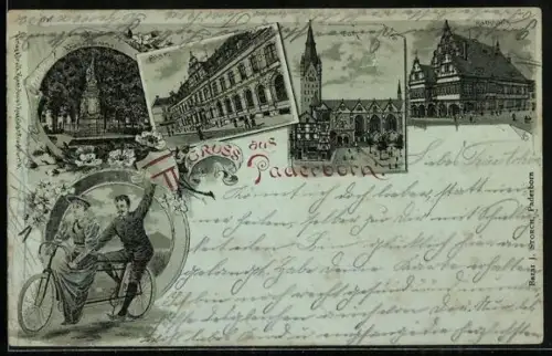 Lithographie Paderborn, Post, Dom, Rathaus