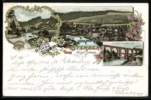 Lithographie Elsterberg / Vogtl., Elsterthalbrücke, Partie aus dem Steinigt, Panorama