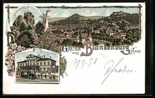 Lithographie Blankenburg / Harz, Bahnhof mit Eisenbahn und Reisenden, Grossvater