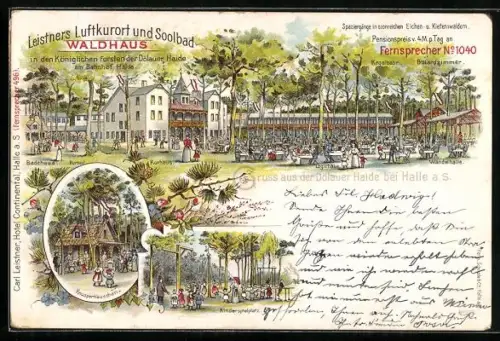 Lithographie Haide, Leistners Gasthaus Waldhaus, Knusperhäuschen, Kinderspielplatz