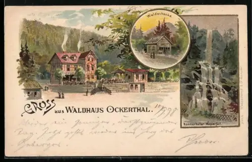 Lithographie Goslar, Gasthaus Waldhaus Ockerthal, Waldschenke, Romkerhaller-Wasserfall