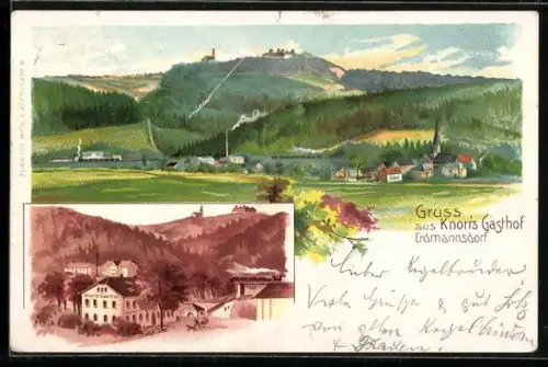 Lithographie Erdmannsdorf / Erzg., Knorr`s Gasthof, Totale mit Berg