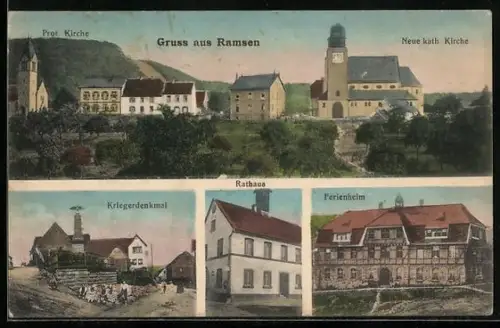 AK Ramsen, Ferienheim, Rathaus, Kriegerdenkmal, Prot. und Neue kath. Kirche