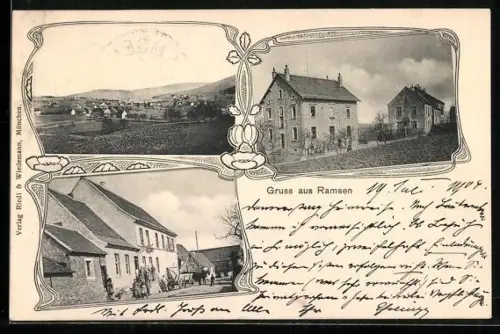 Passepartout-AK Ramsen, Pfarrhaus und Nachbarhaus, Strassenpartie, Gesamtansicht