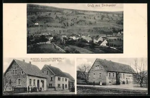 AK Steckweiler, Kolonialwarenhandlung v. Fried. Zapp, Blick über den Ort