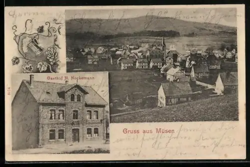 AK Müsen /Siegen, Gasthof H. Nockemann, Ortsansicht mit Kirche