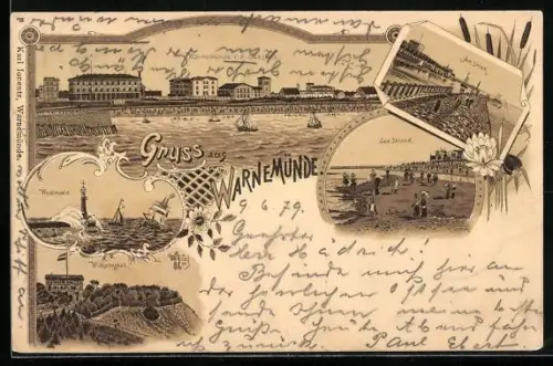 Lithographie Warnemünde, Gasthaus Wilhelmshöh, Panorama mit Hotels, Westmoole
