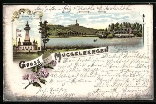 Lithographie Berlin-Köpenick, Restaurant am Teufelsee, Bes. Carl Streichhan, Aussichtsturm Müggelberge