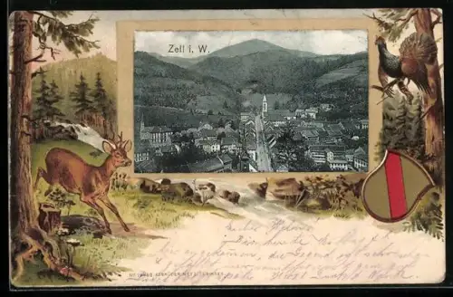 Passepartout-Lithographie Zell i. W., Gesamtansicht, Wappen