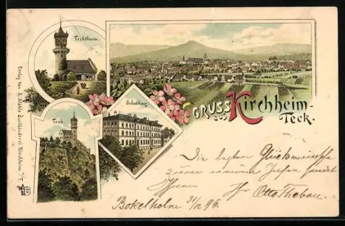 Lithographie Kirchheim /Teck, Ortsansicht, Schulhaus, Teckthurm, Ortsansicht