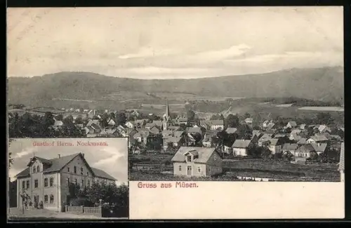AK Müsen /Siegen, Gasthof Herm. Nockmann, Ortsansicht mit Kirche aus der Vogelschau