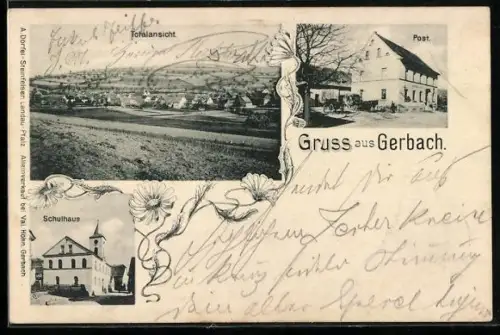 AK Gerbach, Post, Schulhaus und Totalansicht