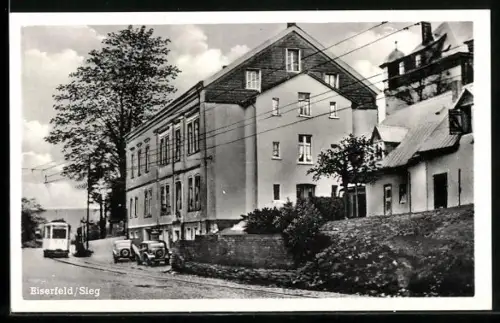 AK Eiserfeld /Sieg, Gasthof zum Bahnhof, Bes. Alfred Konrad, Strassenbahn