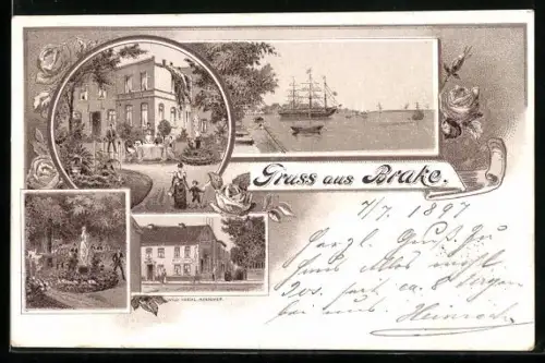 Lithographie Brake / Weser, Segelschiff im Hafen, Parkanlage und Hotel