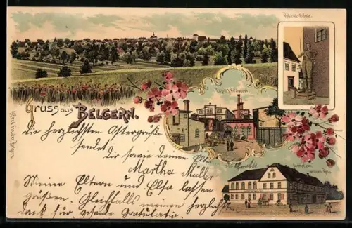 Lithographie Belgern, Gasthof zum weissen Ross, Roland-Säule, Export-Brauerei, Ortsansicht aus der Vogelschau