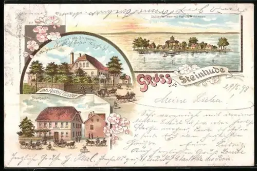 Lithographie Steinhude, Brauerei und Biergarten, Inh. Rudolf Rössler, Steinhuder Meer mit Festung Wilhelmstein