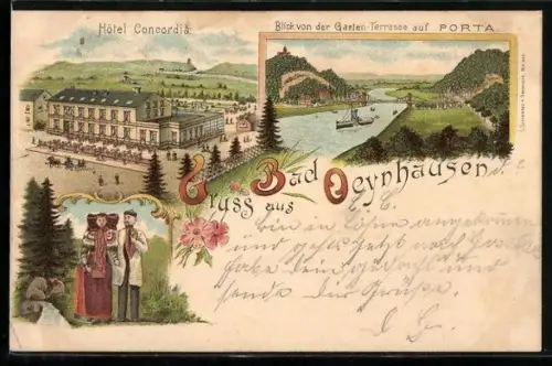 Lithographie Bad Oeynhausen, Hotel Concordia, Blick von der Garten-Terrasse auf Porta, Paar in Tracht