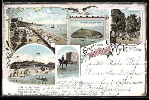 Lithographie Wyk a. Föhr, Strandpartie und Strandallee, Gesamtansicht
