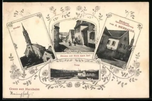 AK Harxheim / Zellertal, Bäckerei u. Spezerei von A. Bierbauer, Strasse mit Blick nach Zell, Kirche und Totalansicht