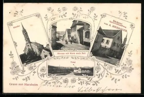 AK Harxheim / Zellertal, Kirche, Strasse mit Blick nach Zell, Bäckerei u. Spezereihandlung von A. Bierbauer
