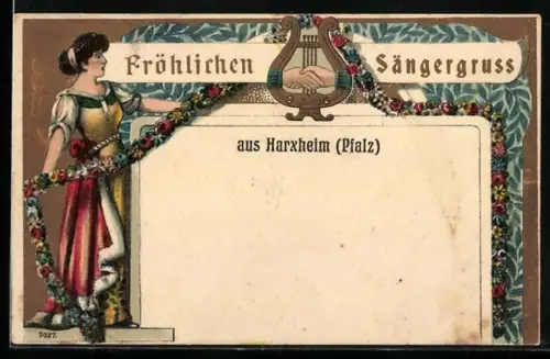 AK Harxheim /Pfalz, Elegante Dame mit Girlande, Fröhlichen Sängergruss