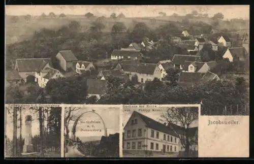 AK Jacobsweiler, Gasthaus zur Krone, Bes. Philipp Kron, Moltkefelsen u. Ludwigsturm auf dem Donnersberg, Ortsansicht